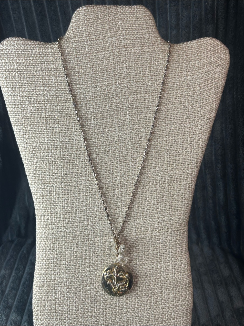 Apostrophe Gold Tone Floral Locket Necklace w/ Crystal Detail | Vintage Inspired
